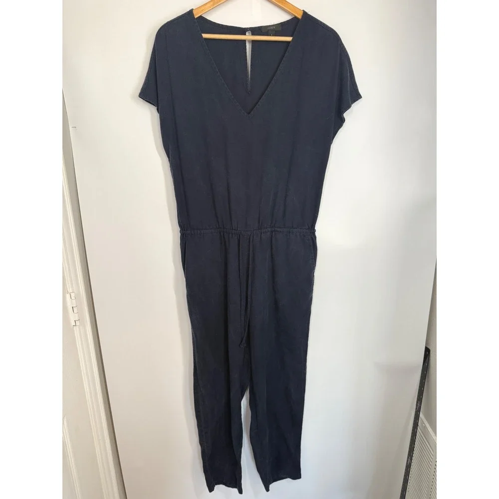 J.‎ Crew Women's Linen Blend Jumpsuit Size S Navy Short Sleeve V Neck Pockets